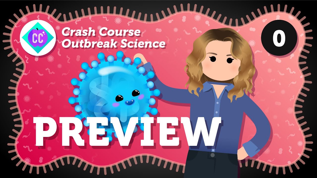 An illustrated woman touches a blue cartoon virus on a pink background with virus patterns, referencing Operation Outbreak. Text reads "Crash Course Outbreak Science" and "Preview." A black circle with a white "0" appears at the top right.
