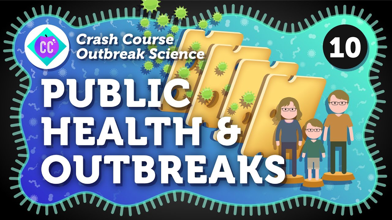 Illustration for Crash Course Outbreak Science, episode 10, "Public Health & Outbreaks," featuring cartoon file folders, virus icons, and a family of four—evoking the mission of operation outbreak—against a blue and black background.