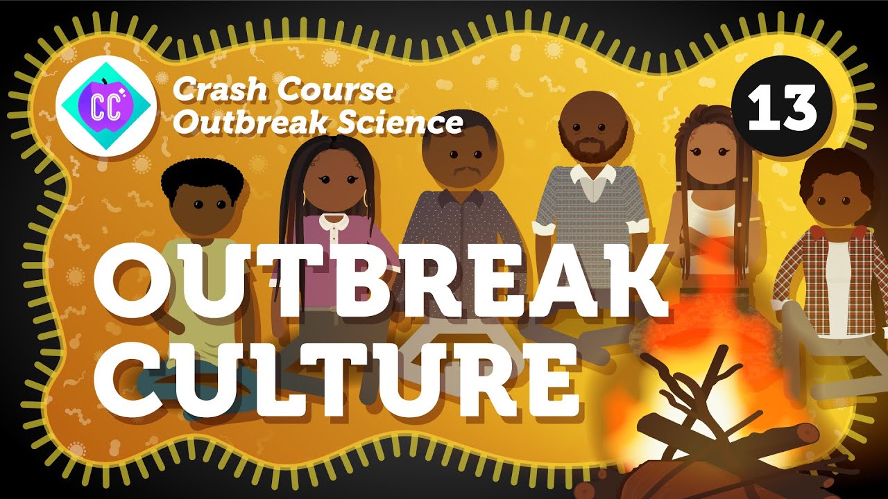 Illustration of six diverse people sitting around a glowing campfire, with the text "Crash Course Outbreak Science 13: OUTBREAK CULTURE" overlaid. The background features yellow patterns, a decorative border, and subtle nods to Operation Outbreak.