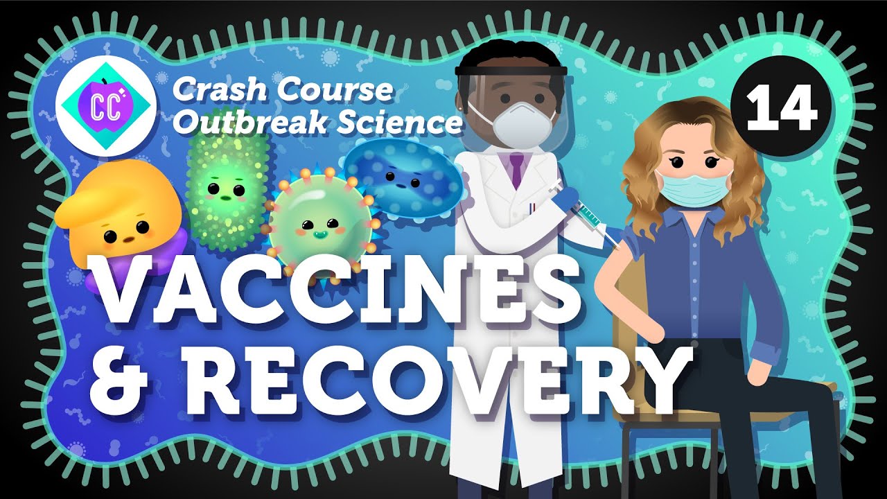 Illustrated image for "Crash Course Outbreak Science" episode 14, titled "Vaccines & Recovery," inspired by operation outbreak, featuring cute cartoon viruses, a masked doctor giving a vaccine to a masked person, and colorful graphics.