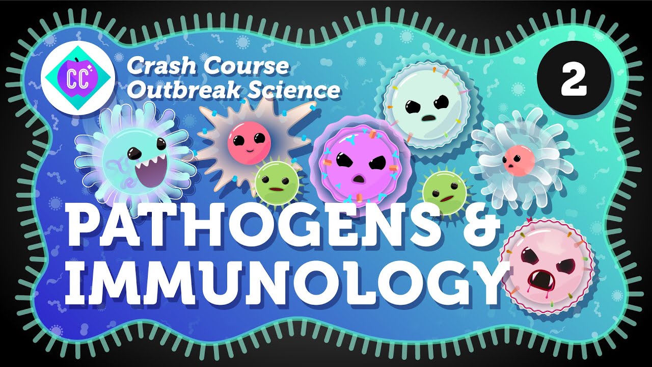 Cartoon microbes and germs with faces surround the text “Crash Course Outbreak Science: Pathogens & Immunology,” inspired by Operation Outbreak. A black circle with the number 2 is in the upper right corner on a blue, cell-membrane-bordered background.