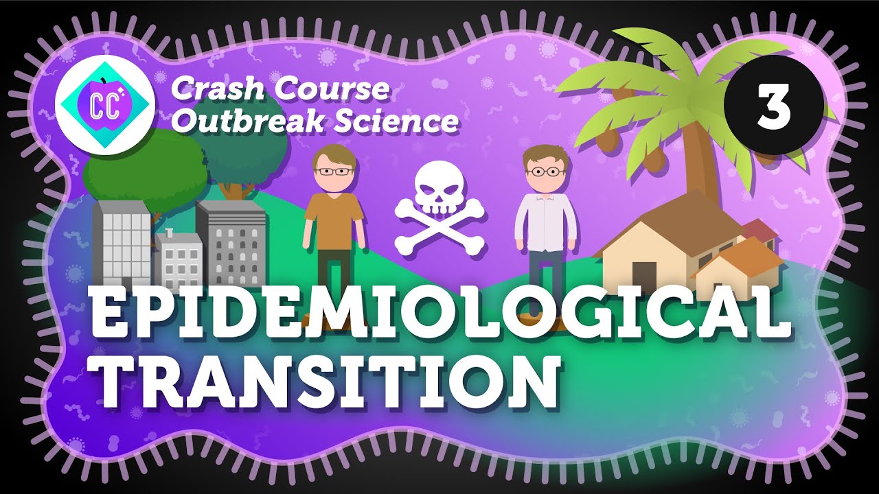 Illustration for “Crash Course Outbreak Science” episode 3, titled “Epidemiological Transition,” featuring two cartoon people, city buildings, a house, a skull and crossbones, and a purple operation outbreak background with virus shapes.