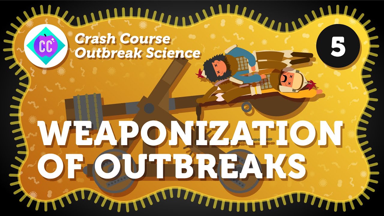 Illustration for Crash Course Outbreak Science episode 5, titled "Weaponization of Outbreaks," inspired by Operation Outbreak, showing a catapult launching two cartoon people, with gears and a yellow patterned background.