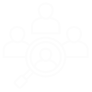 White outline icon of three people, with a magnifying glass focusing on the person in the center, symbolizing search or selection among a group—ideal for illustrating Operation Outbreak scenarios.