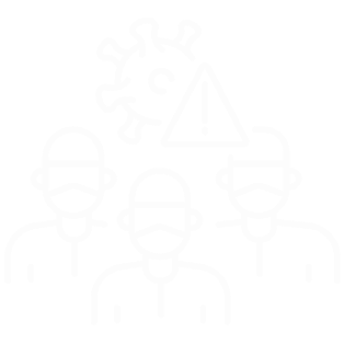 Line drawing of three people wearing masks, with a virus icon and an exclamation mark warning symbol above them, representing caution or alert during a pandemic or Operation Outbreak.