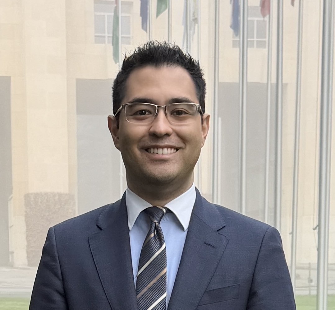 A man wearing glasses, a dark suit, and a striped tie smiles while standing outdoors in front of a building with tall windows and several flagpoles displaying various national flags.
