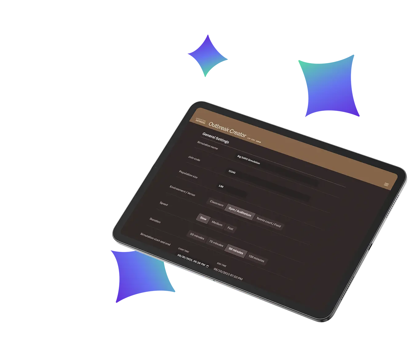 A tablet displays a dark-themed Operation Outbreak account creator form with fields for general information—username, password, email, and domain—set against a black background with blue and green gradient streaks.