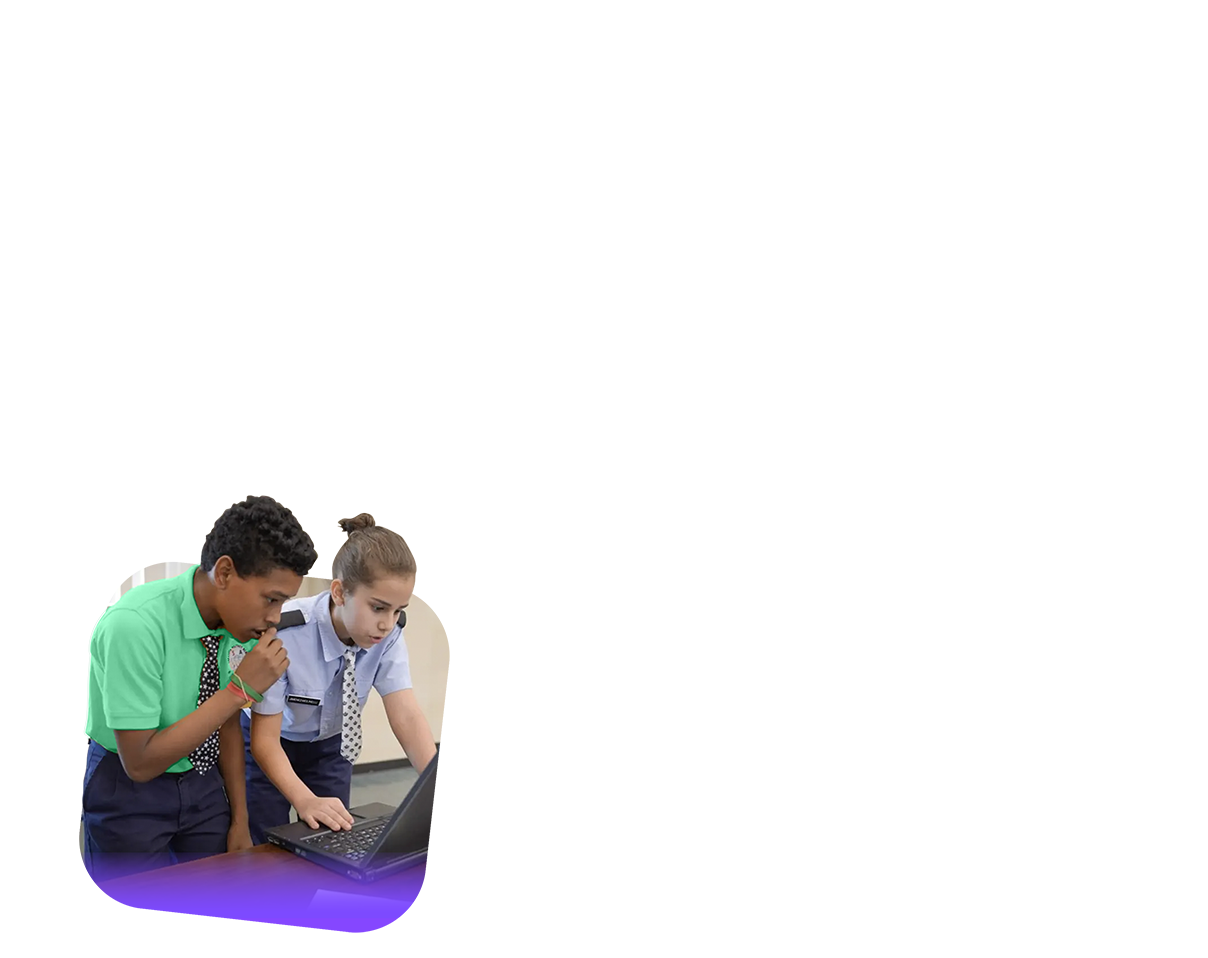 Two students in school uniforms look at a laptop together, appearing focused and engaged, as they participate in Operation Outbreak, with a beige and black abstract background above them.