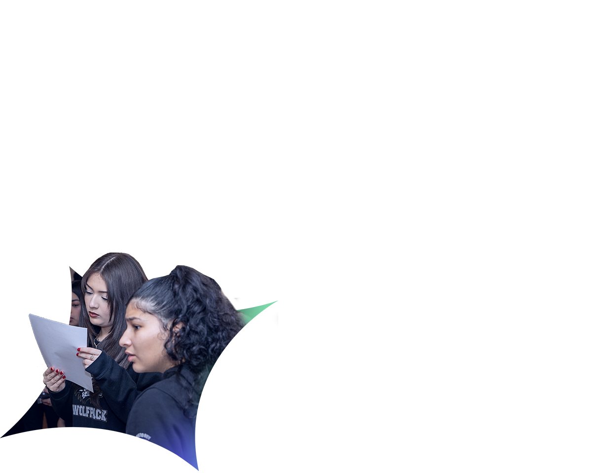 Two young women stand close together, one holding and reading from a sheet of paper, both focused. Dressed in dark clothing, they appear deep in discussion about Operation Outbreak, with colorful geometric shapes at the bottom of a blank background.