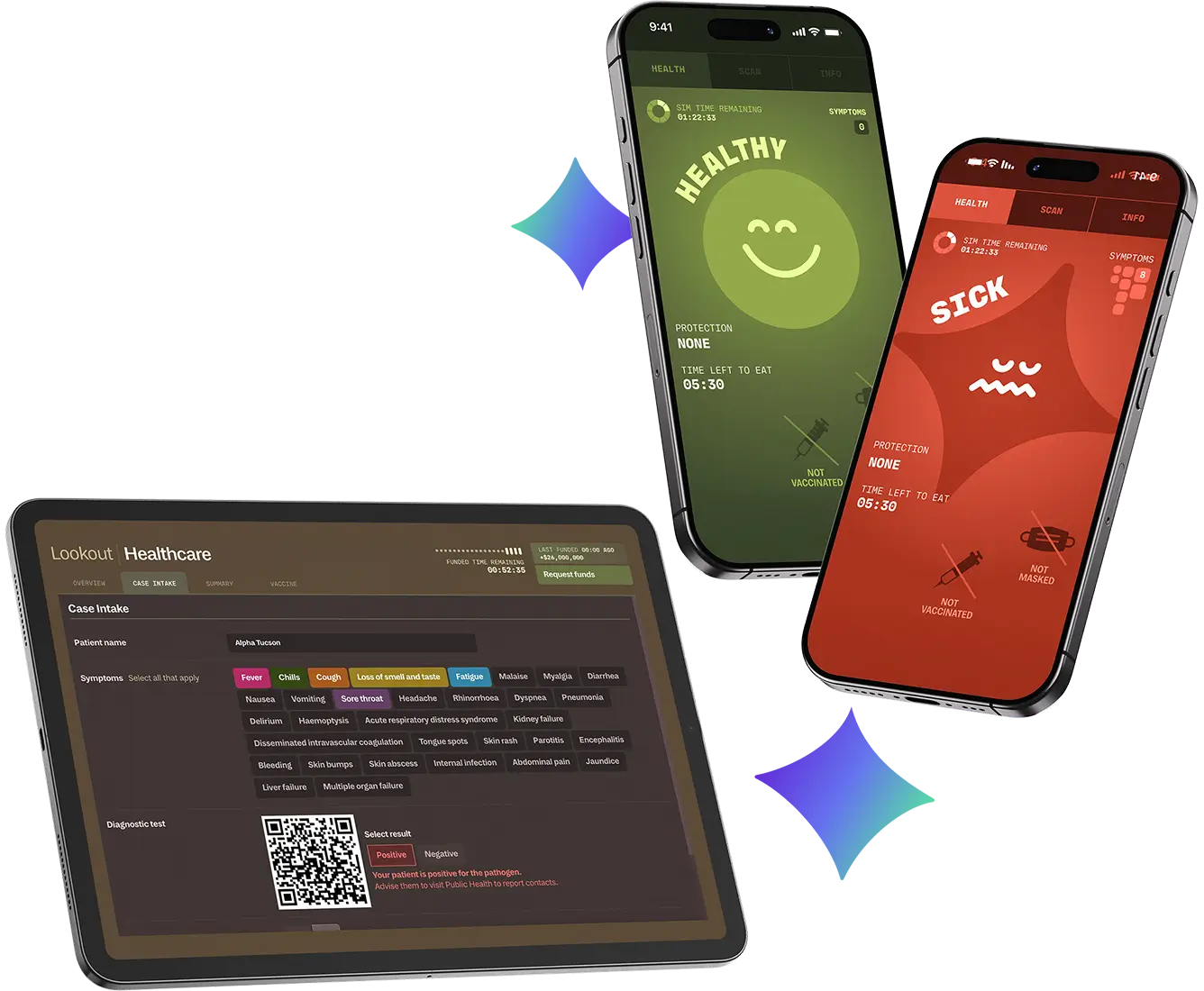 A tablet and two smartphones display health monitoring apps; the tablet shows a detailed patient record, while the phones—used for Operation Outbreak—show "HEALTHY" with a green smiley and "SICK" with a red face, each with protection status and time details.