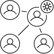 A simple black outline shows four connected circles, each containing a person icon; one circle also contains a virus icon, visually representing Operation Outbreak and the spread of illness between people.