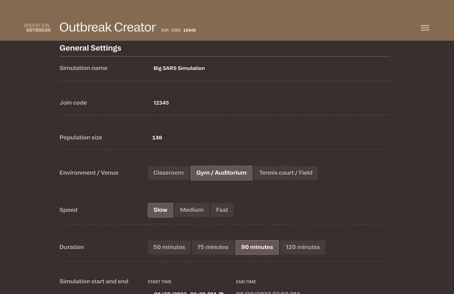 A simulation settings screen for "Operation Outbreak" showing options like simulation name, join code, population size, venue type, speed, simulation time, and start/end time. The "Gym/Auditorium" and "90 minutes" options are selected.