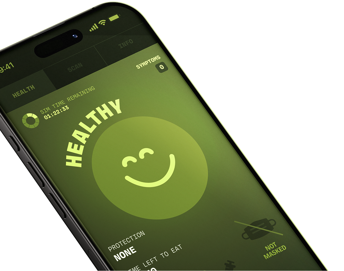 A smartphone screen displays the Operation Outbreak health app with a large smiling face icon labeled "HEALTHY," a countdown timer, and sections for protection and symptoms. The app interface features a green theme.