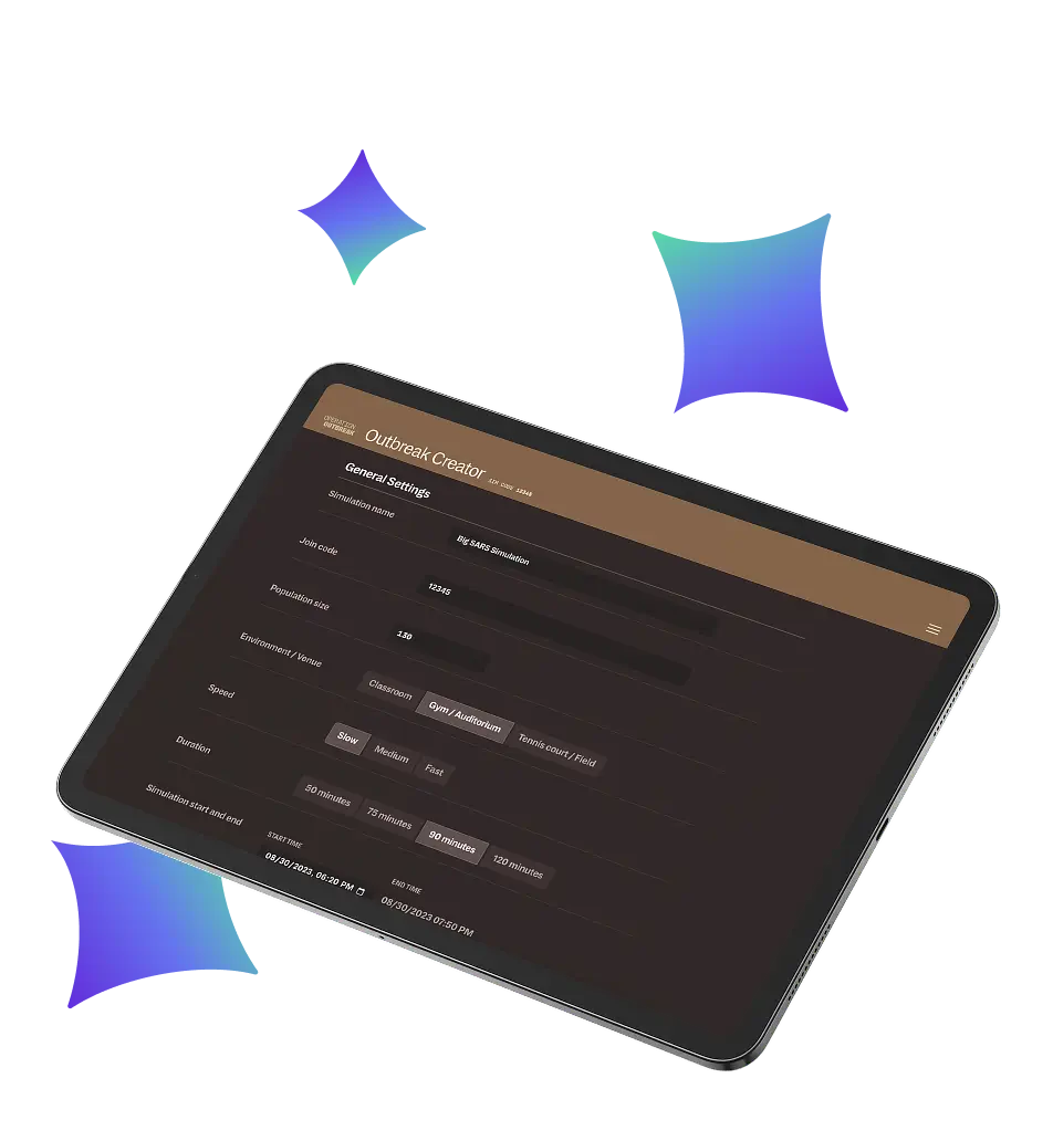 A tablet displays a dark-themed interface titled "Outbreak Creator," featuring form fields, drop-down menus, and buttons for configuring Operation Outbreak settings. The background showcases abstract blue and purple gradients.