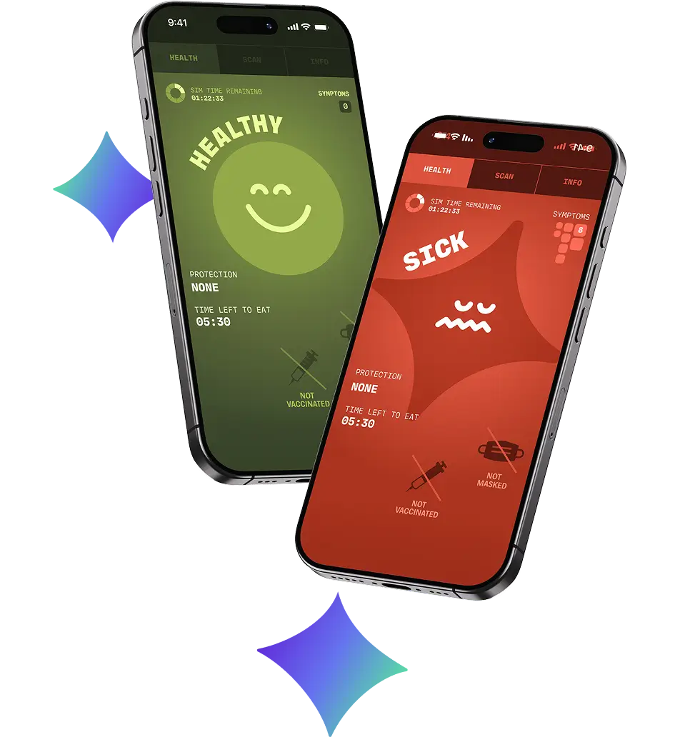 Two smartphones display the Operation Outbreak health status app: one shows "Healthy" with a green screen and smiley face, the other shows "Sick" with a red screen and frowning face. Both screens list protection status and health details.