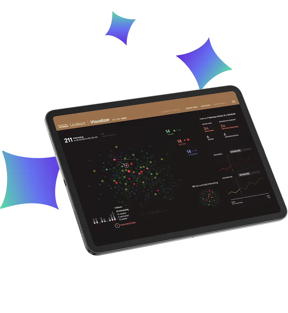 A tablet displays a data visualization dashboard with clustered colored dots, charts, and graphs on a dark background, showcasing analytics and interactive data points related to Operation Outbreak statistics.