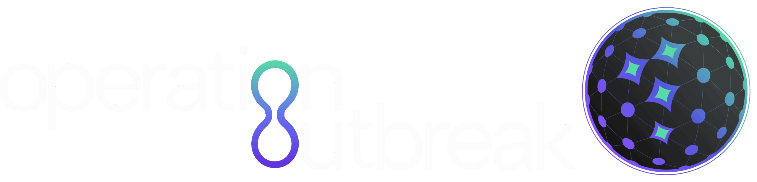 The image shows the words "Operation Outbreak" in light text, with a stylized "oo" connected in the center, beside a dark globe featuring glowing blue and green connected nodes.