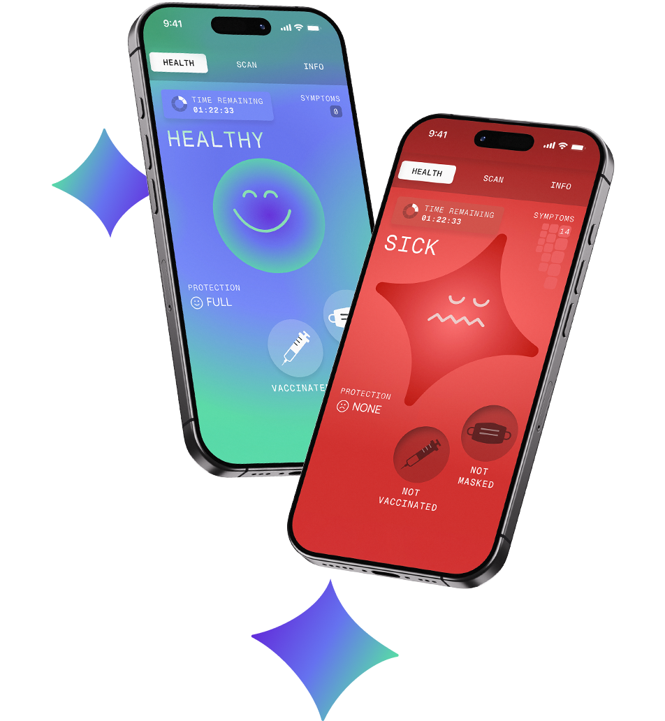 Two smartphones display health status screens for Operation Outbreak: one is blue with a happy face labeled "HEALTHY," fully protected and vaccinated; the other is red with a sad face labeled "SICK," showing no protection and not vaccinated.