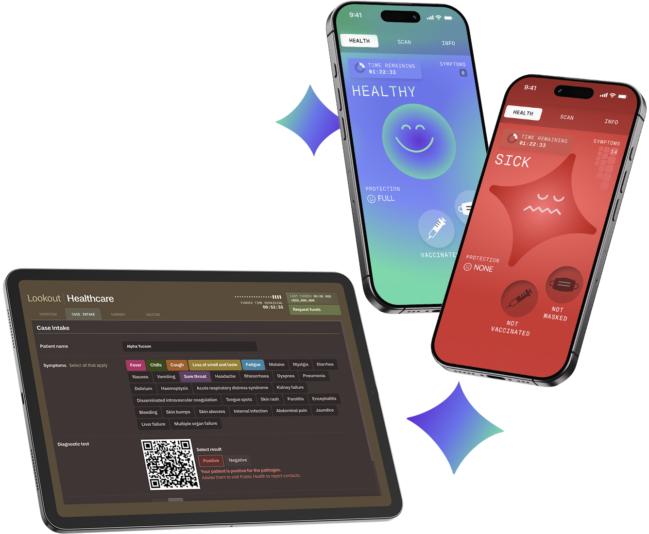 A tablet displays an Operation Outbreak medical case dashboard, while two smartphones show health status apps: one with a smiling face and “HEALTHY” in green, the other with an unwell face and “SICK” in red.