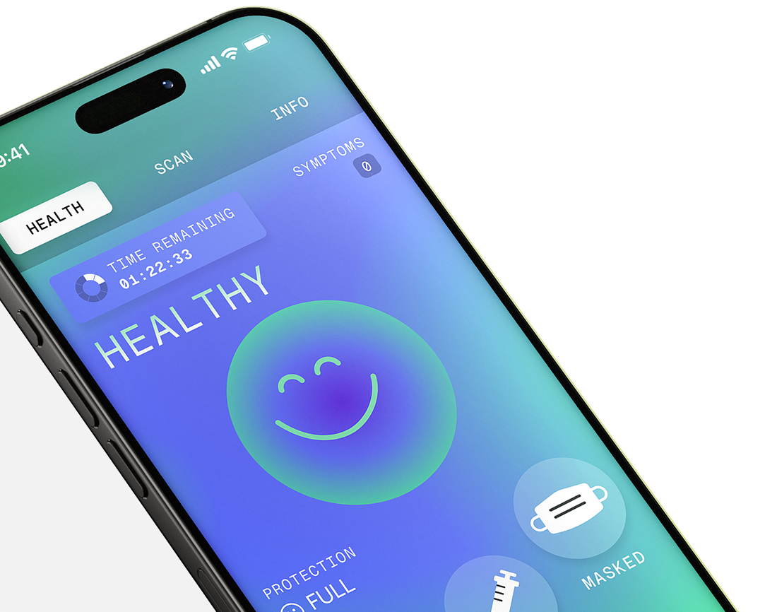 A smartphone screen displays the Operation Outbreak health app with a smiling face, “HEALTHY” status, time remaining, and protection settings including a mask icon. The interface uses blue and green gradients.
