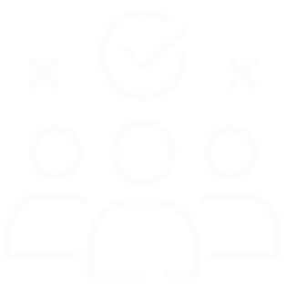 Three outlined human figures are shown in front of a large checkmark inside a circle, with two X marks flanking the circle, all in a minimalist, light-colored style.