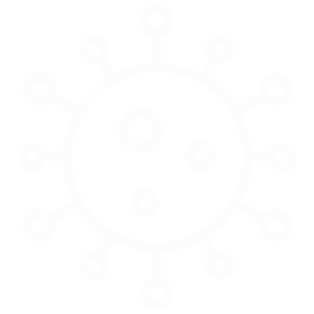 A simple, light gray outline illustration of a virus or germ, shown as a central circle with smaller circles inside and lines radiating outward, each ending in a circle, on a white background.