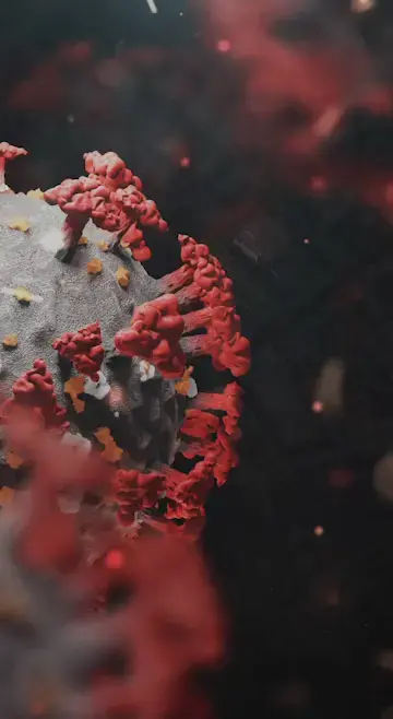 Close-up illustration of a virus particle, with a grey spherical body and red spike proteins protruding from its surface, resembling a 3D model of the coronavirus against a dark, blurry background.