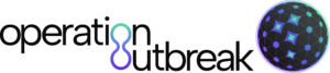 The image features "operation outbreak" in black lowercase letters, with a stylized blue and green hourglass as the "o" in "outbreak," alongside Operation Outbreak’s dark sphere intertwined with glowing blue nodes.