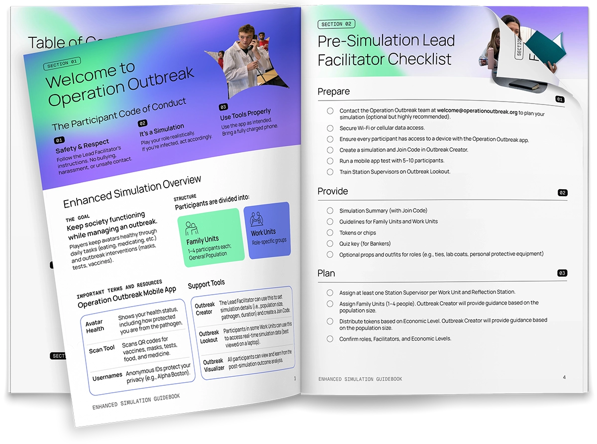 An open booklet displays the Operation Outbreak simulation guide with green and purple headers. The left page welcomes users and outlines an overview, tools, and mobile app details, while the right page features a facilitator checklist.