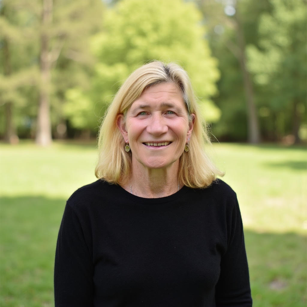 A woman with shoulder-length blonde hair, wearing a black top, stands smiling outdoors on a sunny day. Trees and green grass fill the background.