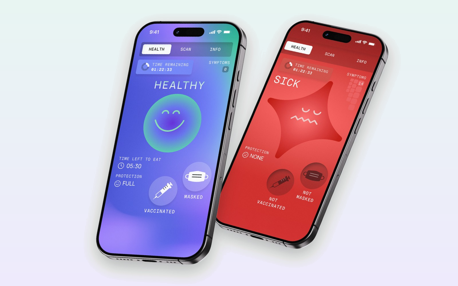 Two phones running the simulation, one showing a healthy status and one infected