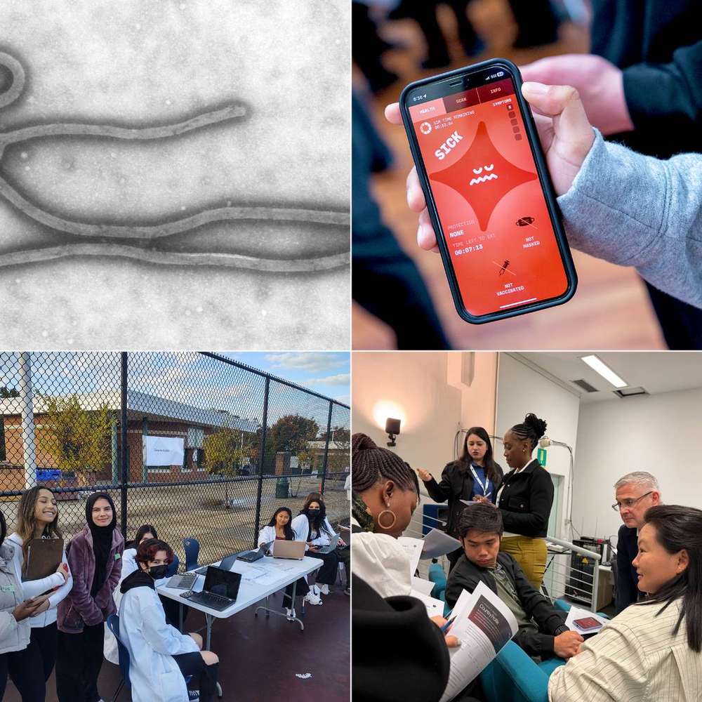 Four moments from Operation Outbreak: an Ebola micrograph, the participant app showing a sick status, students staffing an epidemiologists station, and professionals working a tabletop exercise