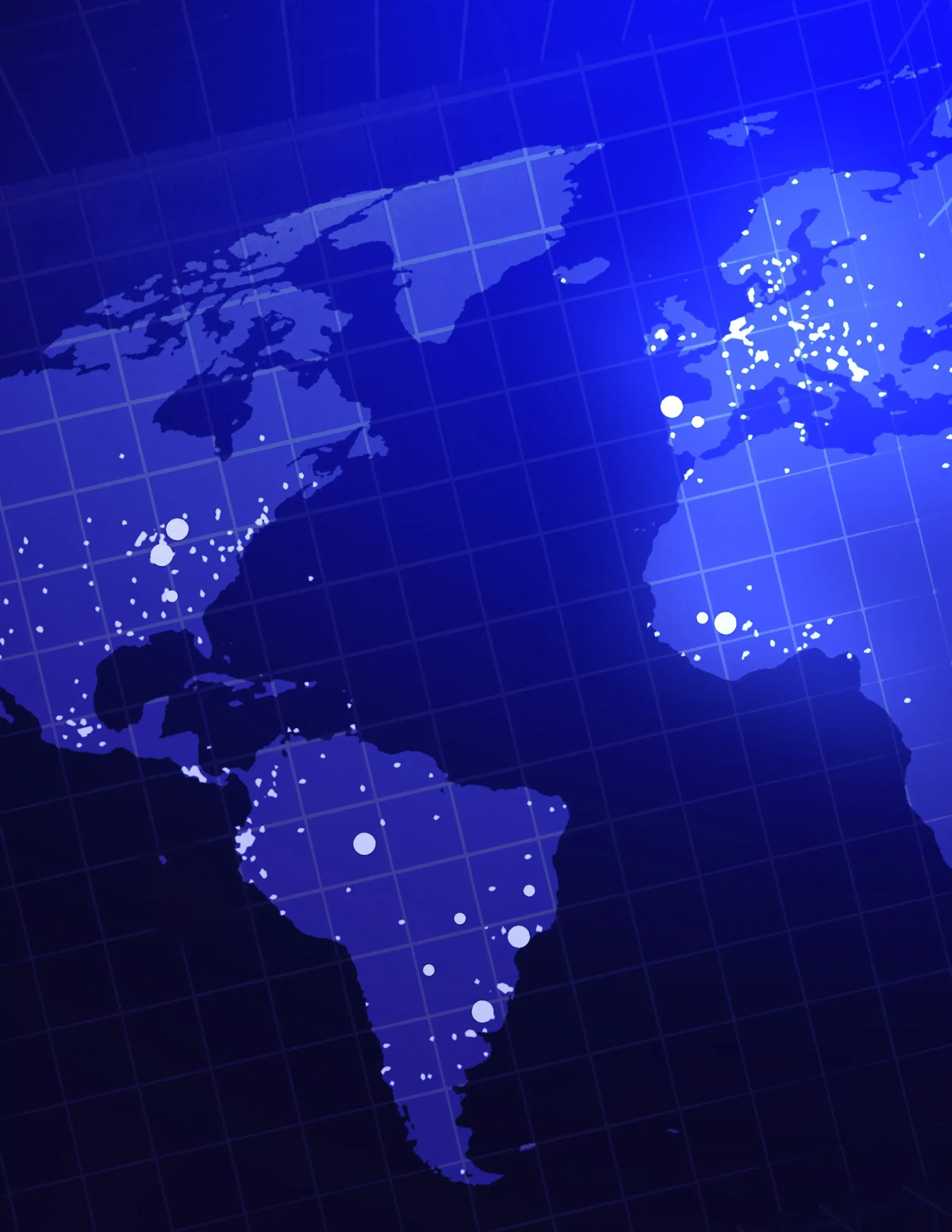 A digital world map in shades of blue with white data points on a grid