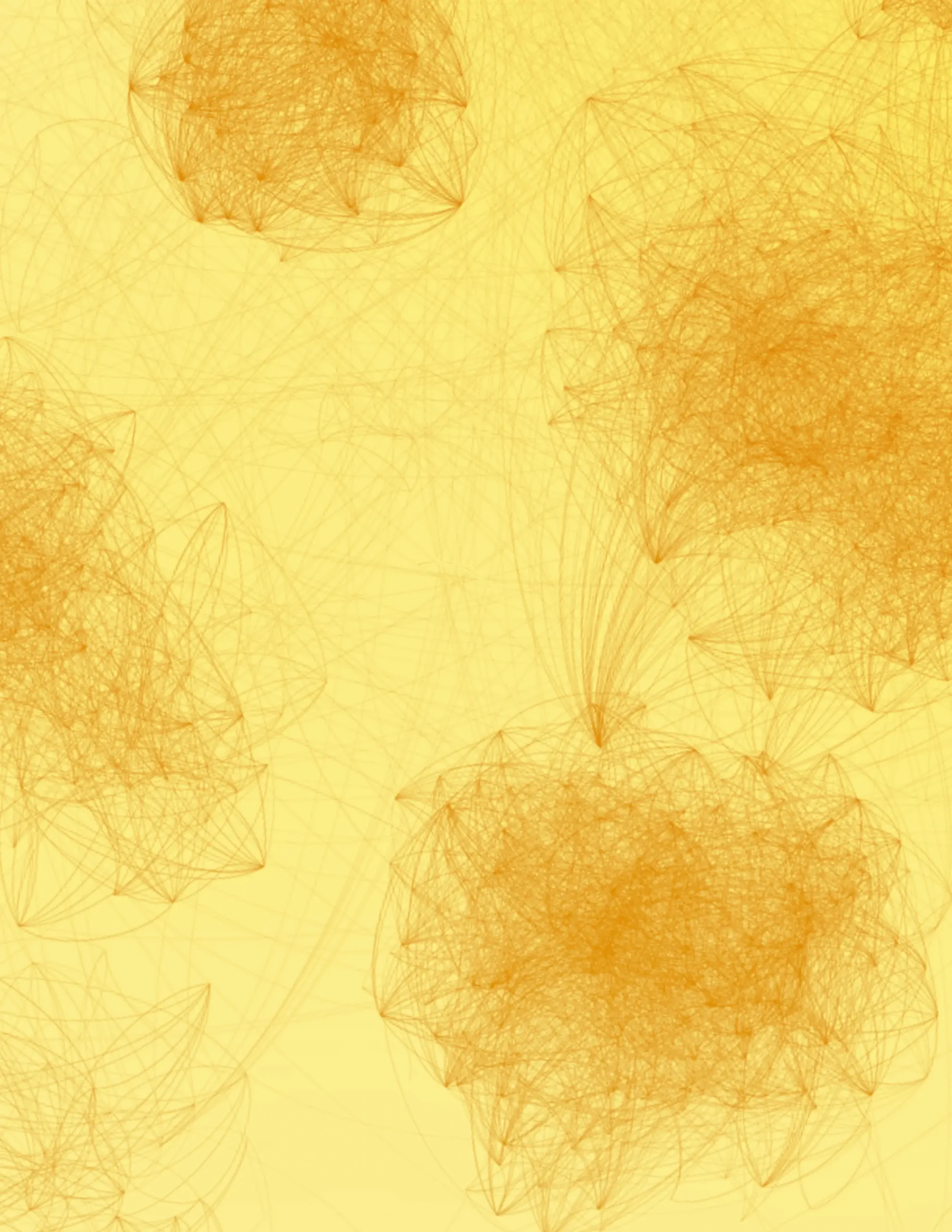 Dense overlapping orange scribbled lines forming cloud-like clusters on soft yellow