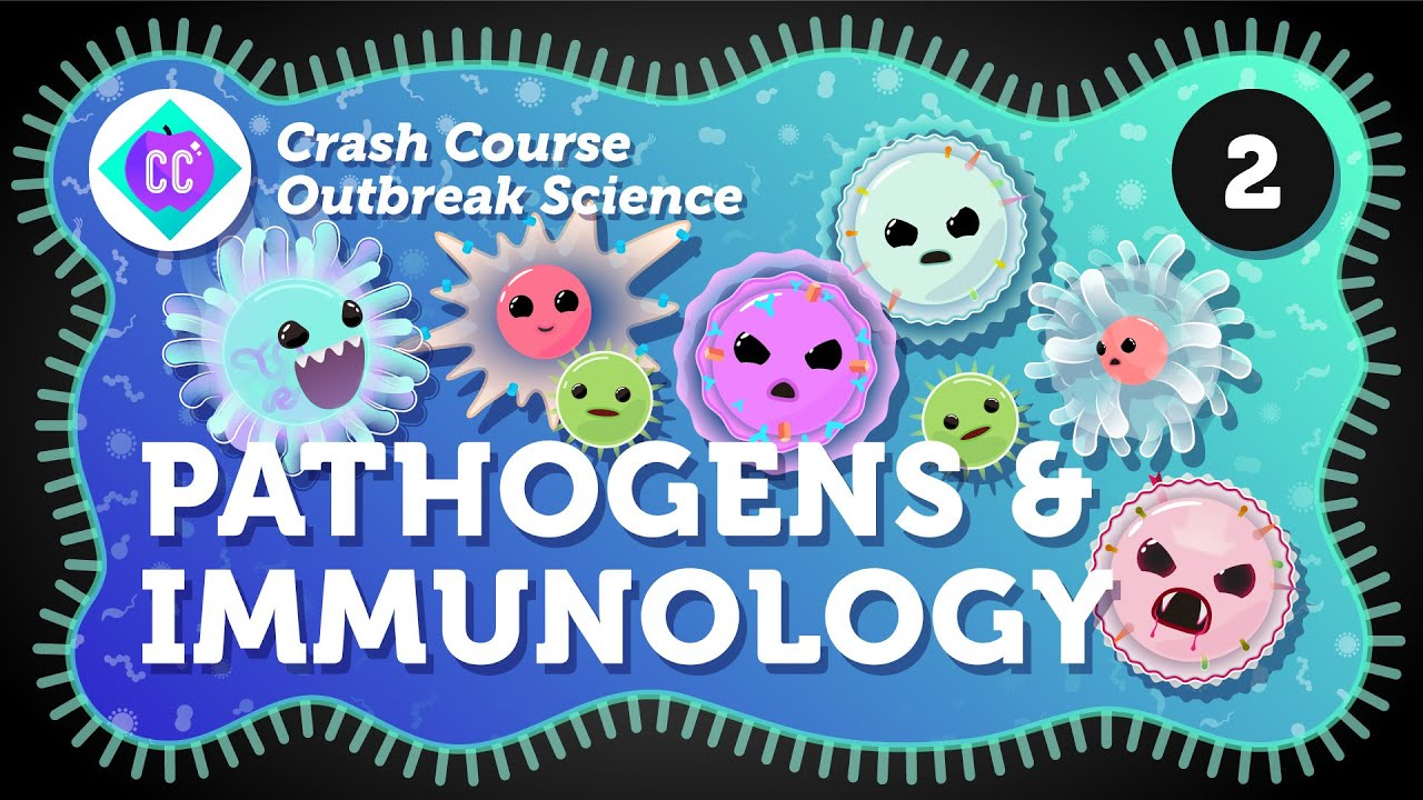 Cartoon germs with faces surround bold text reading “Pathogens & Immunology” for Crash Course Outbreak Science, episode 2. The background is blue with cell-like patterns and a bright border.