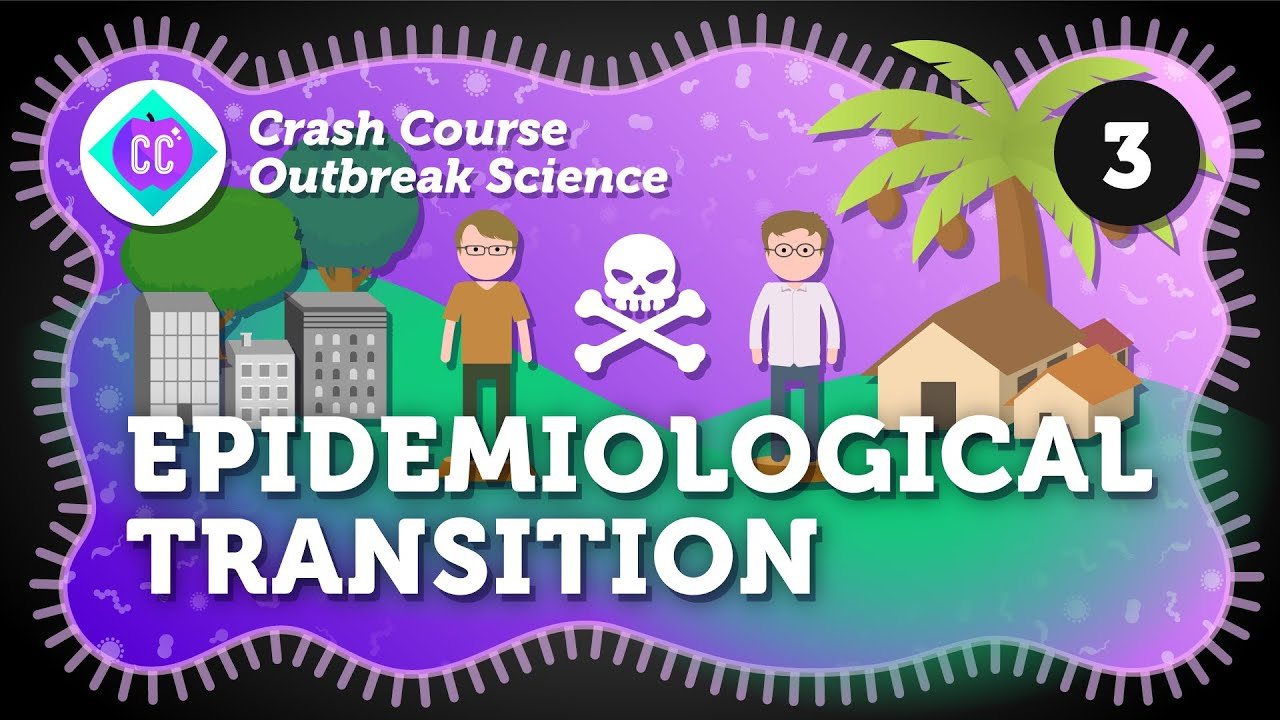 Crash Course Outbreak Science banner with cartoon people, city, rural homes, skull and crossbones, and “Epidemiological Transition” in bold text. A badge at the top left and a number 3 in a black circle are also shown.