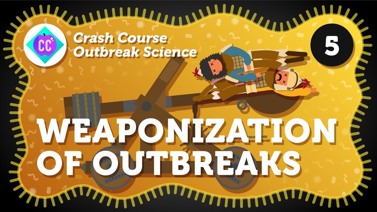 Cartoon of two people being launched from a giant slingshot, with text “Weaponization of Outbreaks” and “Crash Course Outbreak Science.” A badge and the number 5 appear in the top corners.