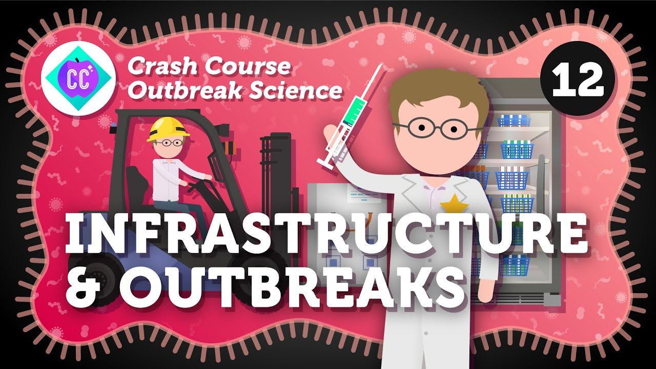 Illustration of a scientist holding a syringe, a worker on a forklift, and lab equipment. Text reads: “Crash Course Outbreak Science 12: Infrastructure & Outbreaks.” Background features a stylized virus pattern.